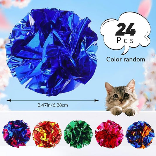 Crinkle Cat Toy Balls, 24Pcs 2.47'' Mylar Balls, Interactive Crinkle Ball, Colorful Paper Ball Chase Training Activity for Cats kitten Assorted Color, Chase Training Activity for Cats (24 Pack)