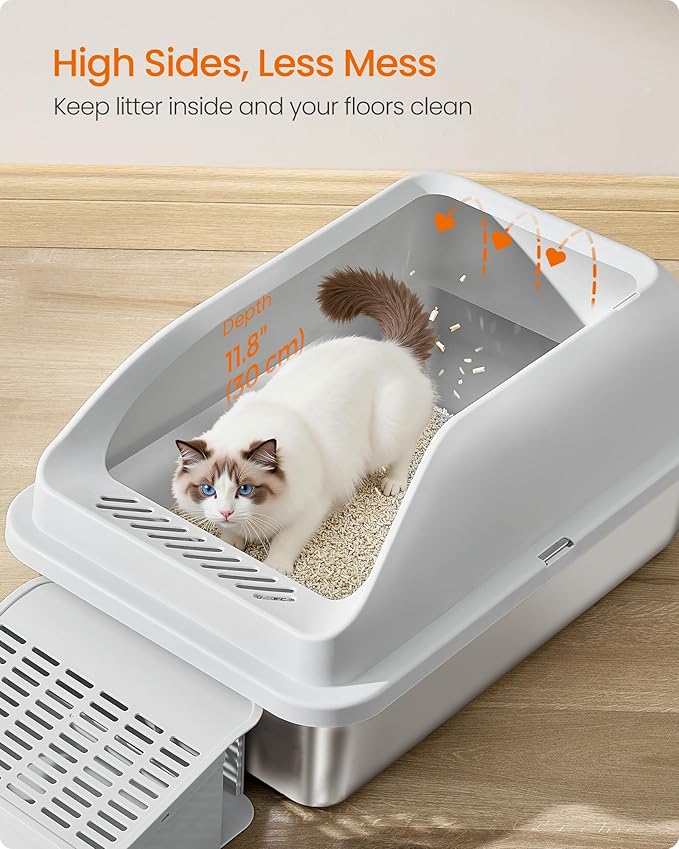 Feandrea 2 Pack Stainless Steel Cat Litter Boxes with Open Top, High Sided Litter Trays with Step, Scoop, Brush, for Cats up to 33 lb, Light Gray UPPT012GD01