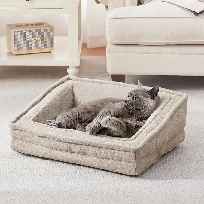 Cat Couch for Pets, Washable Cat Beds for Indoor Cats, Super Soft Plush Supportive Dog Couch Bed for Puppy and Kitten with Anti-Slip Bottom, 24inch, Beige