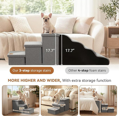 Wider Dog Ramp for High Bed with Storage 18" H, Foldable Dog Stairs for Small Medium Large Older Senior Animal, Sturdy Dog Step for Climbing Bed or Couch, Arthritis-Friendly (Gray, No Condo)