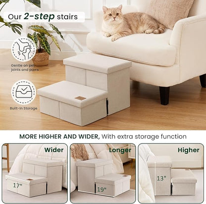 Love's cabin Dog Stairs with Storage 13" H, Foldable Pet Stairs for Small Medium or Large Dogs, Cat Puppy Steps Ramp with Zip up to 150 lbs, Beige, 2 Steps