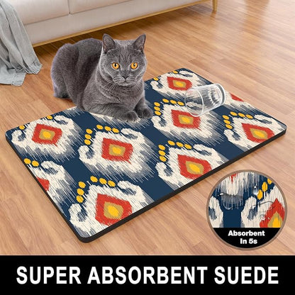 Dog Food Mat, 16" x 24" Boho Absorbent Dog Cat Bowl Mat for Food and Water, Cute Anti-Slip Rubber Pet Feeding Rug Protect Floors, Placemat for Feeding & Watering Supplies, Abstract Art