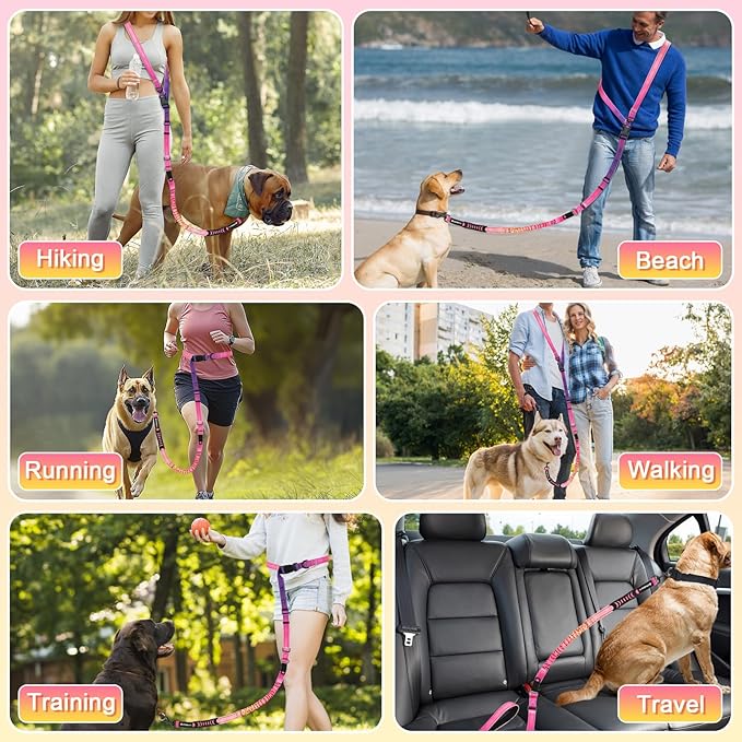 Philorn Hands Free Dog Leash, Crossbody Dog Leash, 6.9-8.9 Ft Multifunctional Waist Walking Belt with Car Safety Buckle for Large and Medium Dogs Jogging,Running,Training (Pinkish-Purple, 25-120 lbs)