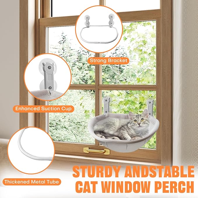 Homegroove Cat Window Perch, 18 x 12 Inch Foldable Cat Hammock for Window with Sturdy Metal Frame, Breathable Cordless Window Bed for Resting Seat for Indoor Cats (Grey, 18 x 12 Inch)