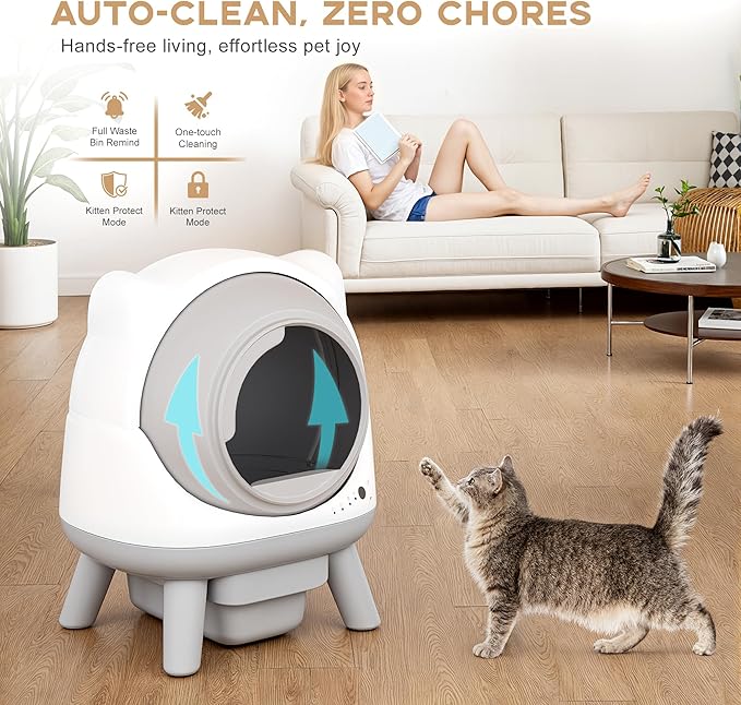 Greesum Smart Self-Cleaning Litter Box with App Control and Safety Sensor |Ideal for Multi-Cat Households | Health Monitoring Features, Set Includes Leak-Proof Mat and Litter Bags