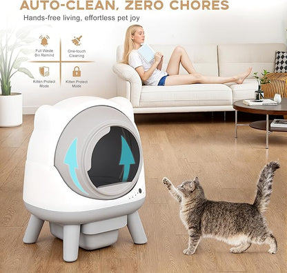 Greesum Smart Self-Cleaning Litter Box with App Control and Safety Sensor |Ideal for Multi-Cat Households | Health Monitoring Features, Set Includes Leak-Proof Mat and Litter Bags
