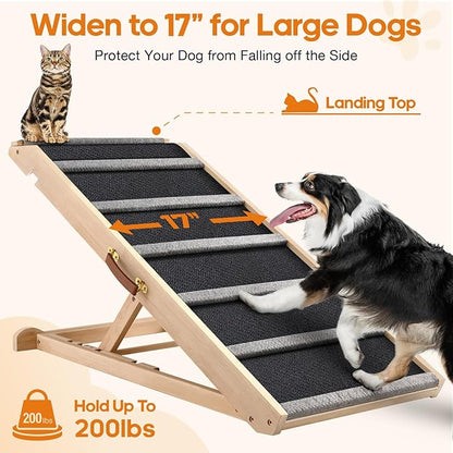Dog Ramp for Bed - Extra Wide 17’’, Non-Slip Rubber Surface Excellent Traction, Pet Ramp for Small Large Dogs to Get on High Couch Car, Hold up to 200lb, Adjustable, Foldable