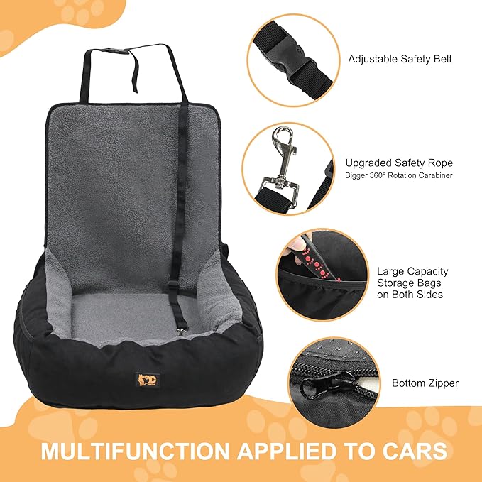 Dog Car Seat for Small Medium Dogs Under 30 lbs, Fully Detachable and Washable Cat Booster Car Seats for Front & Black Seat with Safety Leash Belt (Grey+Black, M)