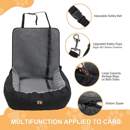 Dog Car Seat for Small Medium Dogs Under 30 lbs, Fully Detachable and Washable Cat Booster Car Seats for Front & Black Seat with Safety Leash Belt (Grey+Black, M)