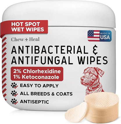 Chew + Heal Labs Dog Paw Wipes Antibacterial 100 Count - Antifungal Wipes for Dogs with 2% Chlorhexidine and 1% Ketoconazole - Good for All Breeds - Made in the USA