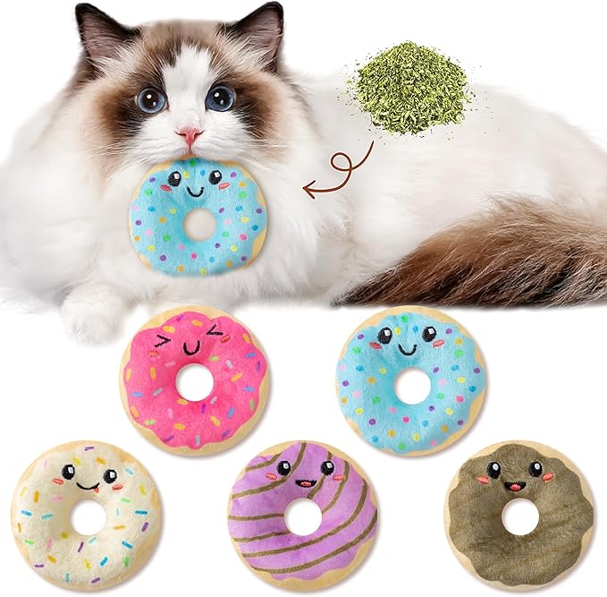 L1rabe Donut Catnip Stuffed Toys - 5Pcs National Pet Day Funny Dessert Organic Cat Toys Pet Supplies, Indoor Cats Chew Bite Teething Tools Kittens Catmint Birthday Gifts Interactive Supplies