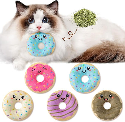 L1rabe Donut Catnip Stuffed Toys - 5Pcs National Pet Day Funny Dessert Organic Cat Toys Pet Supplies, Indoor Cats Chew Bite Teething Tools Kittens Catmint Birthday Gifts Interactive Supplies