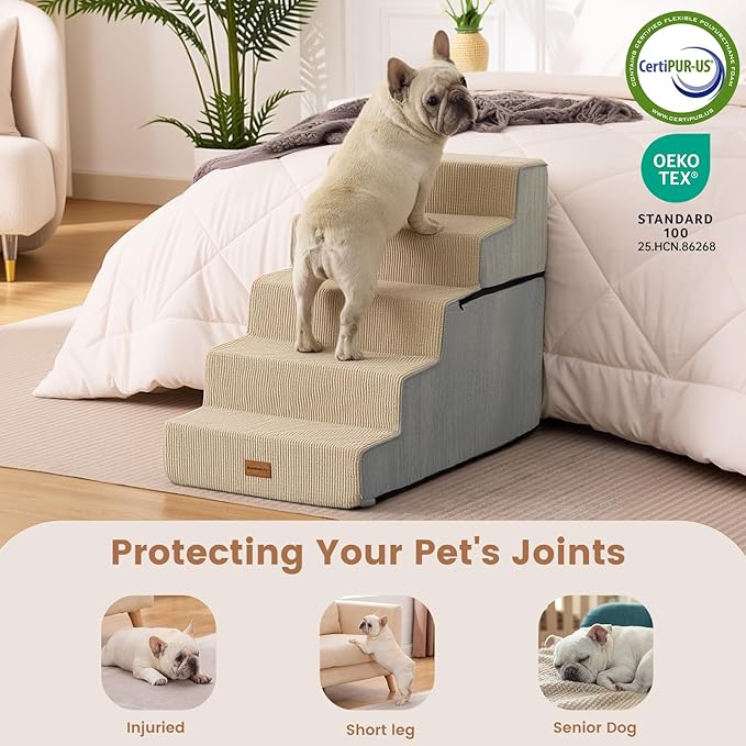 Gardner Pet Dog Stairs for Small Dogs 22.8" H, 5-Step Extra Wide Dog Stairs for High Bed, Pet Steps for Small Dogs and Cats Couch with Durable Non-Slip Waterproof Fabric Cover and Soft Foam, Beige