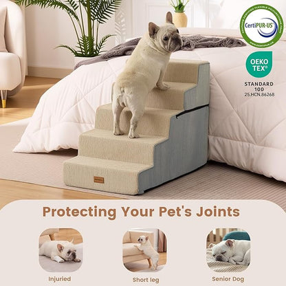 Gardner Pet Dog Stairs for Small Dogs 22.8" H, 5-Step Extra Wide Dog Stairs for High Bed, Pet Steps for Small Dogs and Cats Couch with Durable Non-Slip Waterproof Fabric Cover and Soft Foam, Beige