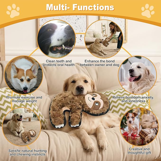 Brown Sloth Plush Squeaky Dog Toy for Chewers Puppy Teething Chew Toy Cute Soft Funny Durable Stuffed Animal Interactive Fetch Dog Toy for Small Medium Large Dogs Toy Gift 22cm/8.66in