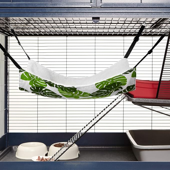 Jetec 2 Pack Cat Hammock for Cage, Catio Accessories Reversible Soft Cats Bed with Adjustable Straps and Hooks Double-Sided Linen and Fleece Hanging Hammock for Cats, Kitten(Monstera Leaf,M)