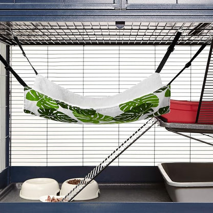 Jetec 2 Pack Cat Hammock for Cage, Catio Accessories Reversible Soft Cats Bed with Adjustable Straps and Hooks Double-Sided Linen and Fleece Hanging Hammock for Cats, Kitten(Monstera Leaf,L)