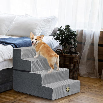 Dog Stairs Pets Steps 4 Gray Pet Ladder for Sofa Couch and Bed Made of High Density Sponge Stairs with Removable Washable Cover Non-Slip Base 18" H