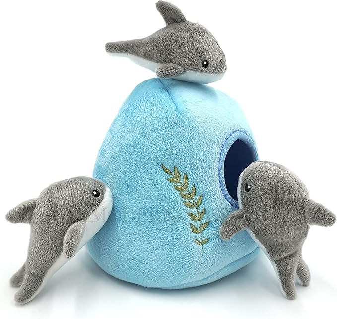 MODERN WAVE - Interactive Squeaky Plush Hide and Seek Squirrel Type Puzzle Toy for Dogs, Medium Size (Ocean and Dolphins)