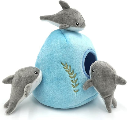 MODERN WAVE - Interactive Squeaky Plush Hide and Seek Squirrel Type Puzzle Toy for Dogs, Medium Size (Ocean and Dolphins)