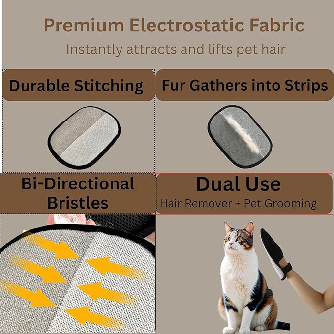 Pet Hair Removal Glove for Cats & Dogs, Upgraded Five-Finger Electrostatic Pet Hair Gloves, Reusable Magic Brush Pet Hair Remover Tool for Clothing, Laundry, Couch, Carpet & Car Seat