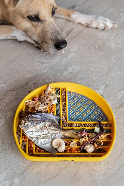 Snack Dish Slow Feeder Bowl for Dogs & Cats – Dual Pattern Design with Treat Corner, Mess-Free Feeding, Dishwasher Safe | Kubi Pets