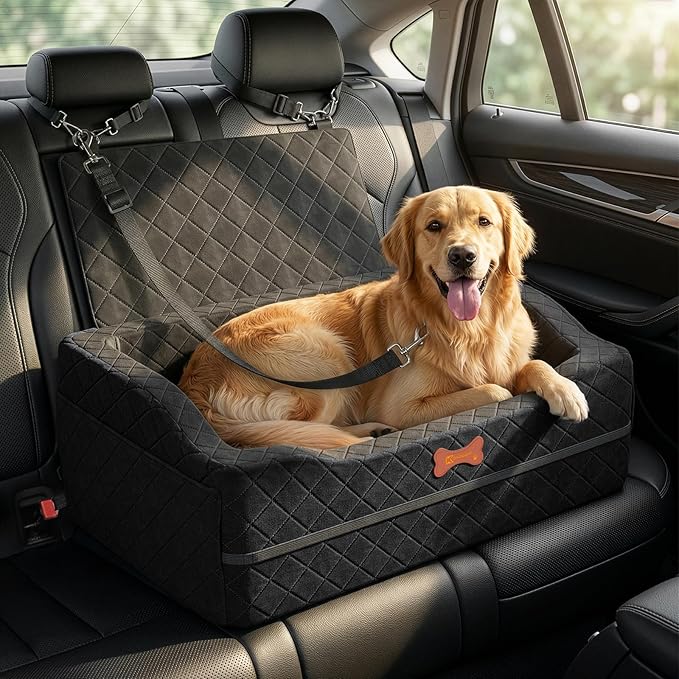 Dog Car Seat for Medium Large Dogs, 4" Elevated Dog Booster Seat with ISOFIX Safety Fixation, Washable Cover & High Density Memory Foam, Portable for Car Front/Rear/Trunk Home Outdoor Use (Jet Black)