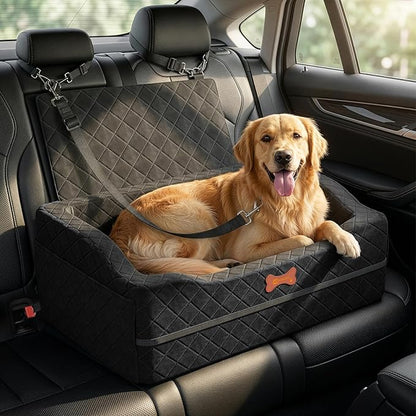 Dog Car Seat for Medium Large Dogs, 4" Elevated Dog Booster Seat with ISOFIX Safety Fixation, Washable Cover & High Density Memory Foam, Portable for Car Front/Rear/Trunk Home Outdoor Use (Jet Black)