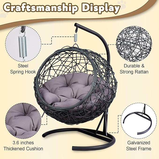 Anwick Cat Swing Bed with Stand & Cushion Indoor Outdoor, Egg Chair with Rattan Wicker Appearance, Indoor Hanging Swinging Hammocks for Cat, Dogs, and Small Animals Bedroom Porch (Gray)