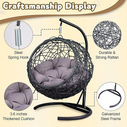 Anwick Cat Swing Bed with Stand & Cushion Indoor Outdoor, Egg Chair with Rattan Wicker Appearance, Indoor Hanging Swinging Hammocks for Cat, Dogs, and Small Animals Bedroom Porch (Gray)