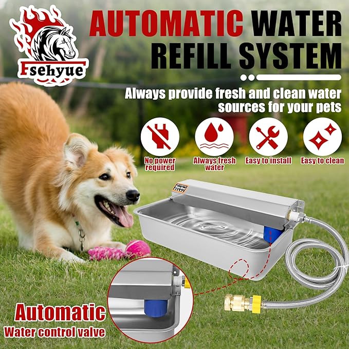 Automatic Dog Water Dispenser 2 Gal/7.57L Outdoor Dog Water Bowl Auto-Fill Water Feeder Stainless Steel Large Livestock Waterer Fit 3/4" GHT Faucet Wide Mouth Wall/Ground Mount