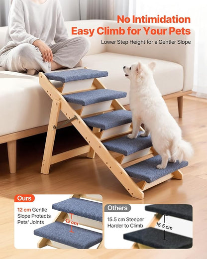 VEVOR Wood Pet Stairs, 5-Step Dog Stairs for Beds, Sofa & Cars, 150lbs Load Capacity, Floded Flat Design, Stable & Sturdy Cat & Dog Step Ladder for Small Medium Large Older Pet Puppy Essentials