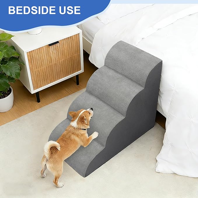 Dog Stairs for Bed 28.7”H, 4 Extra Deeper Ramp/Steps for Small Dogs & Cats to get on High Bed or Couches, Grey