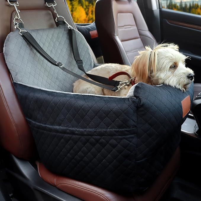 Dog Car Seat for Small/Medium Dogs,2 Adjustable Seat Belt,Memory Foam with Soft Fabric Pets Travel Car Bed with Non-Slip Bottom,Easily Installed in Front and Back seats,Removable and Washable(H-blagre