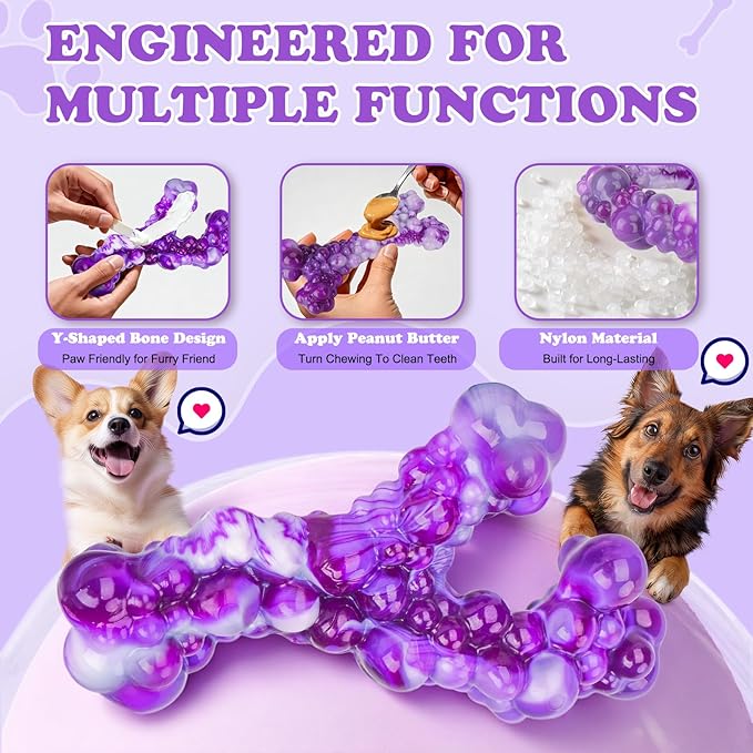 3Pack Dog Chew Toys for Aggressive Chewers, Indestructible Interactive Dog Chew Nylon Bone Toys for for Medium Large Breed 15-60lbs, Teething Toy to Keep Them Busy, Bacon Flavor(Purple)