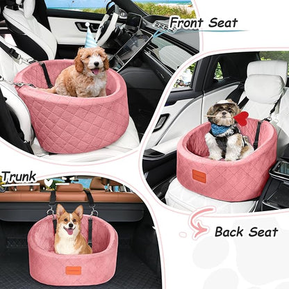 Lealchum Dog Car Seat for Small Dogs Up to 30 Lbs,Ultra Soft Fabric Fill in Comfy Memory Foam,Happy Pet Ride,2 Safety Dog Leashes,Fully Detachable and Washable,Anti Slip Base(Pink)