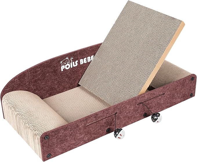 Poils Bebe 26 Inch Sofa Cat Scratcher, Small Cat Scratcher Cardboard with Bell Balls, Durable Couch Lounger for Indoor Cats, Cat Scratch Furniture Protector with Catnip, Cat Toys
