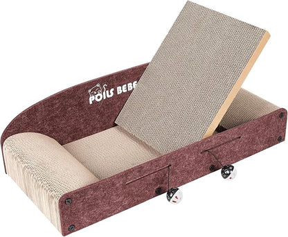 Poils Bebe 26 Inch Sofa Cat Scratcher, Small Cat Scratcher Cardboard with Bell Balls, Durable Couch Lounger for Indoor Cats, Cat Scratch Furniture Protector with Catnip, Cat Toys
