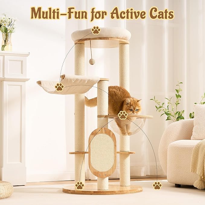 Modern Solid Wood Cat Tree for Indoor Cats Up to 15lbs, 49" Tall Cat Tower with Scratching Posts & Scratcher, Large Cat Bed, Hammock, Capsule Nest, Dangling Ball, Multi-Level Cat Furniture