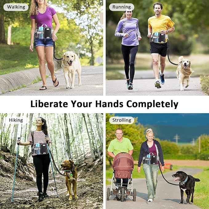 ETACCU Hands Free Dog Leash with Phone Pouch, Water Bottle Holder - Adjustable Waist Belt 19-38 Inch Belt Leash for Running, Reflective Shock Absorbing 48"-70" Extendable