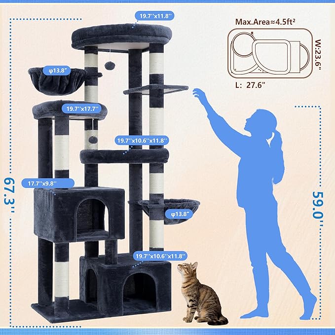 Hey-brother Cat Tree, 67.3 Inches Tower with 3 Soft Platform Beds, 2 Large Condos, 9 Sisal Scratching Posts, 2 Hammocks and Toys, Multi-Level Step House for Multiple Indoor Kittens, Smoky Gray MPJ084G