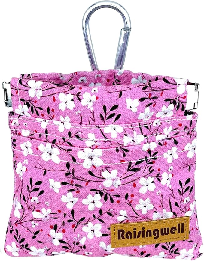 Raisingwell Dog Treat Pouch, Small Cotton Pocket Sized Training Holder, Hand Free Walking Fanny Bag with Carabiner, Self-Closing Pet Feed Snack Reward, Behavior Aids for Puppy Travel or Outdoor Use