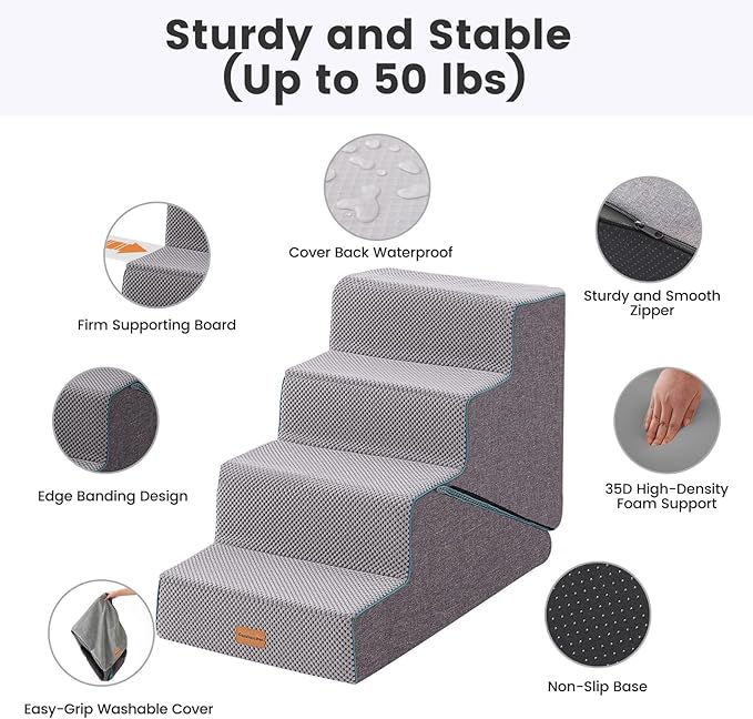 Gardner Pet Dog Stairs for Small Dogs 18.5" H, Small 2 in 1 Transformable 4-Step Pet Stairs and Dog ramp, Steps for Couch with Durable Non-Slip Waterproof Fabric Cover and Soft Foam, Grey