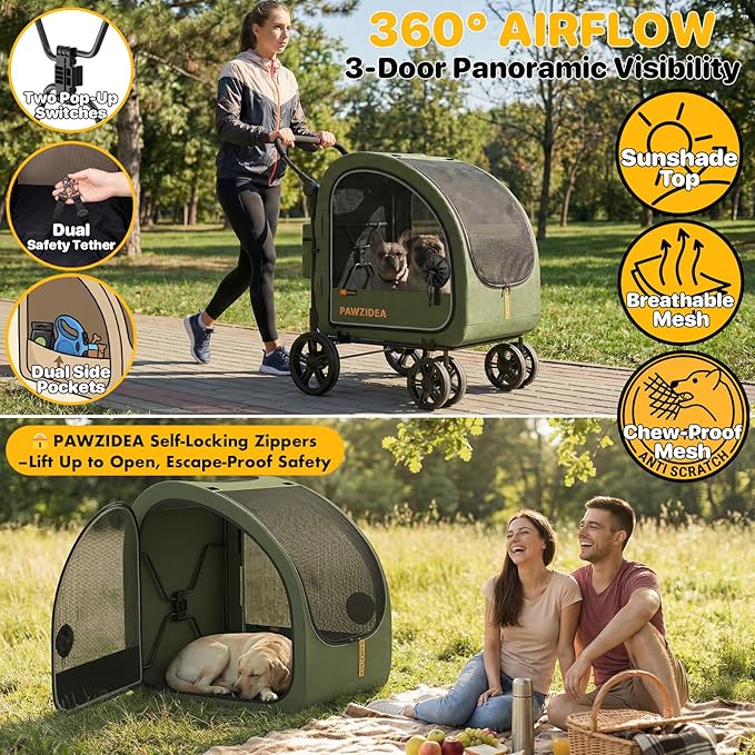 PAWZIDEA 3-in-1 Dog Stroller for Large Dogs with Detachable Carrier, 45% Extra Tall Dog Car Crate up to 100lb Sit Upright, Foldable Pet Stroller for 2 Medium Dogs All-Terrain Jogger, Adjustable Handle