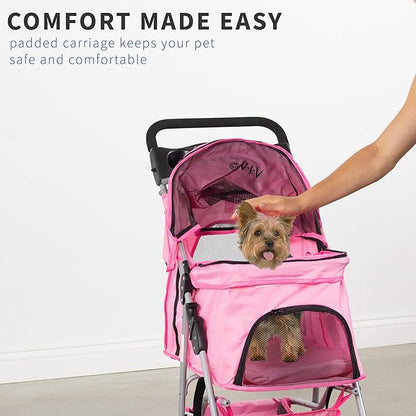 VIVO Pink 4 Wheel Pet Stroller for Cat, Dog and More, Foldable Carrier Strolling Cart, STROLR-V001N
