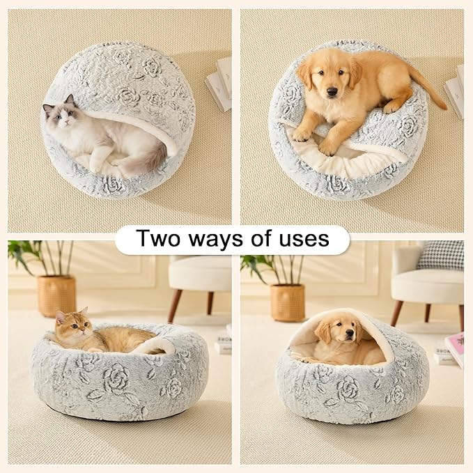 Calming Dog Beds & Cat Cave Bed with Hooded Cover,Removable Washable Round Beds for Small Medium Pets,Anti-Slip Faux Fur Fluffy Coved Bed for Improved Sleep,Fits up to 15/25 lbs(Rose,S)