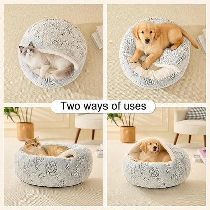 Calming Dog Beds & Cat Cave Bed with Hooded Cover,Removable Washable Round Beds for Small Medium Pets,Anti-Slip Faux Fur Fluffy Coved Bed for Improved Sleep,Fits up to 15/25 lbs(Rose,S)