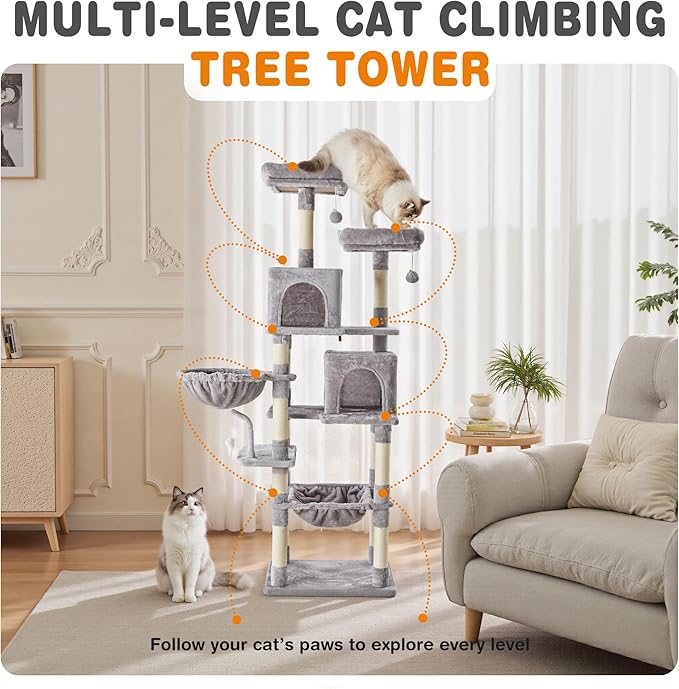 DUMOS Tall 71 inch Cat Tree Tower, Large Multi Level Cat Climbing Tower with Condo, Natural Sisal Scratching Posts, Platform, Hammock, Basket, Pet Tree House for Indoor Cats Play, Light Grey