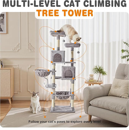 DUMOS Tall 71 inch Cat Tree Tower, Large Multi Level Cat Climbing Tower with Condo, Natural Sisal Scratching Posts, Platform, Hammock, Basket, Pet Tree House for Indoor Cats Play, Light Grey