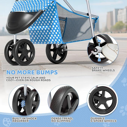 Magshion 3-Wheel Pet Stroller, Foldable Travel Jogger for Small & Medium Dogs & Cats (Up to 33lbs), Lightweight Carrier with Breathable Mesh Cover, Cup Holder & Storage Basket, Sky Blue Polka Dots